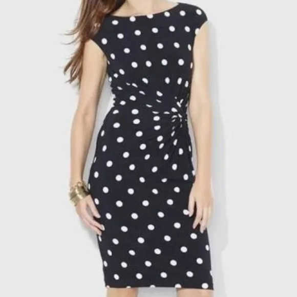 Lauren Ralph Lauren | Dresses | Ralph Lauren Cap Sleeve Stretch Jersey  Sheath Dress Sz 8 Black White Polka Dots | Poshmark